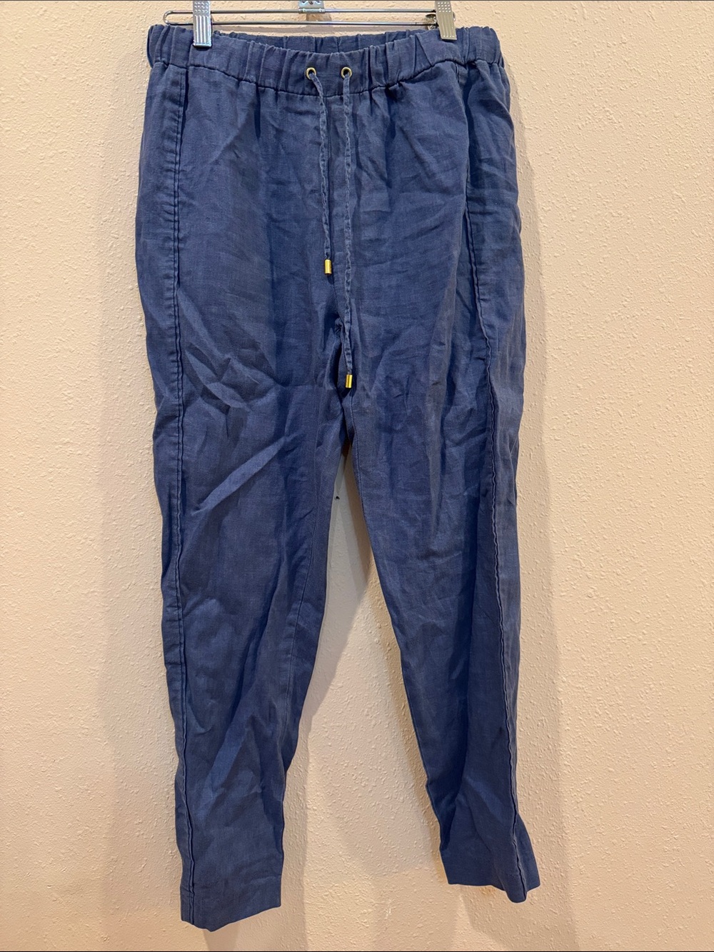 Blue Linen Drawstring Tapered Pants